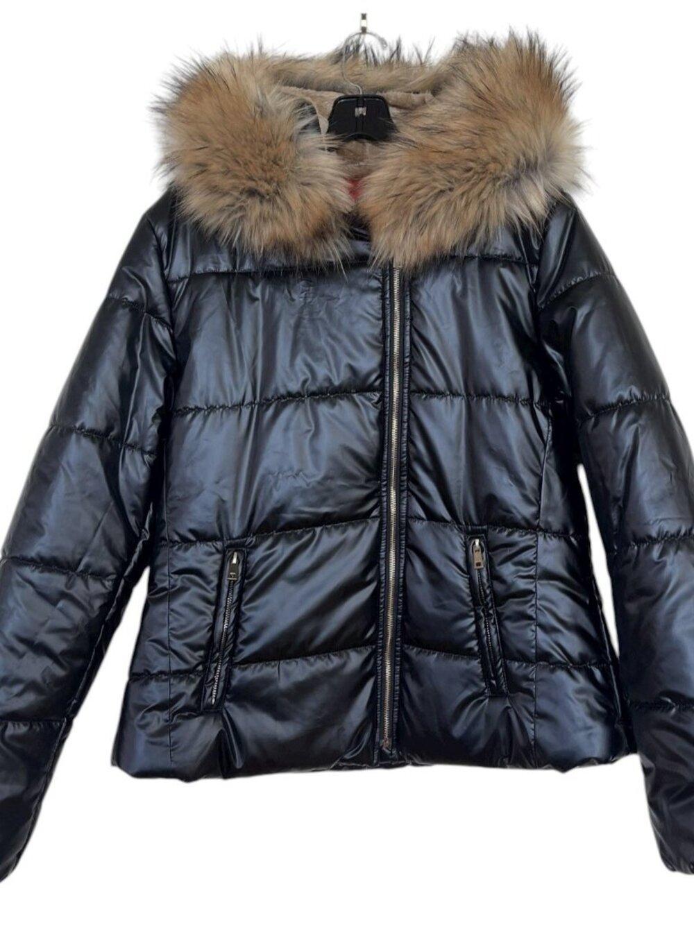 ASA FASHION GROUP Coat Jacket Womens Size Large Black Puffer Faux‎ Fur Trim